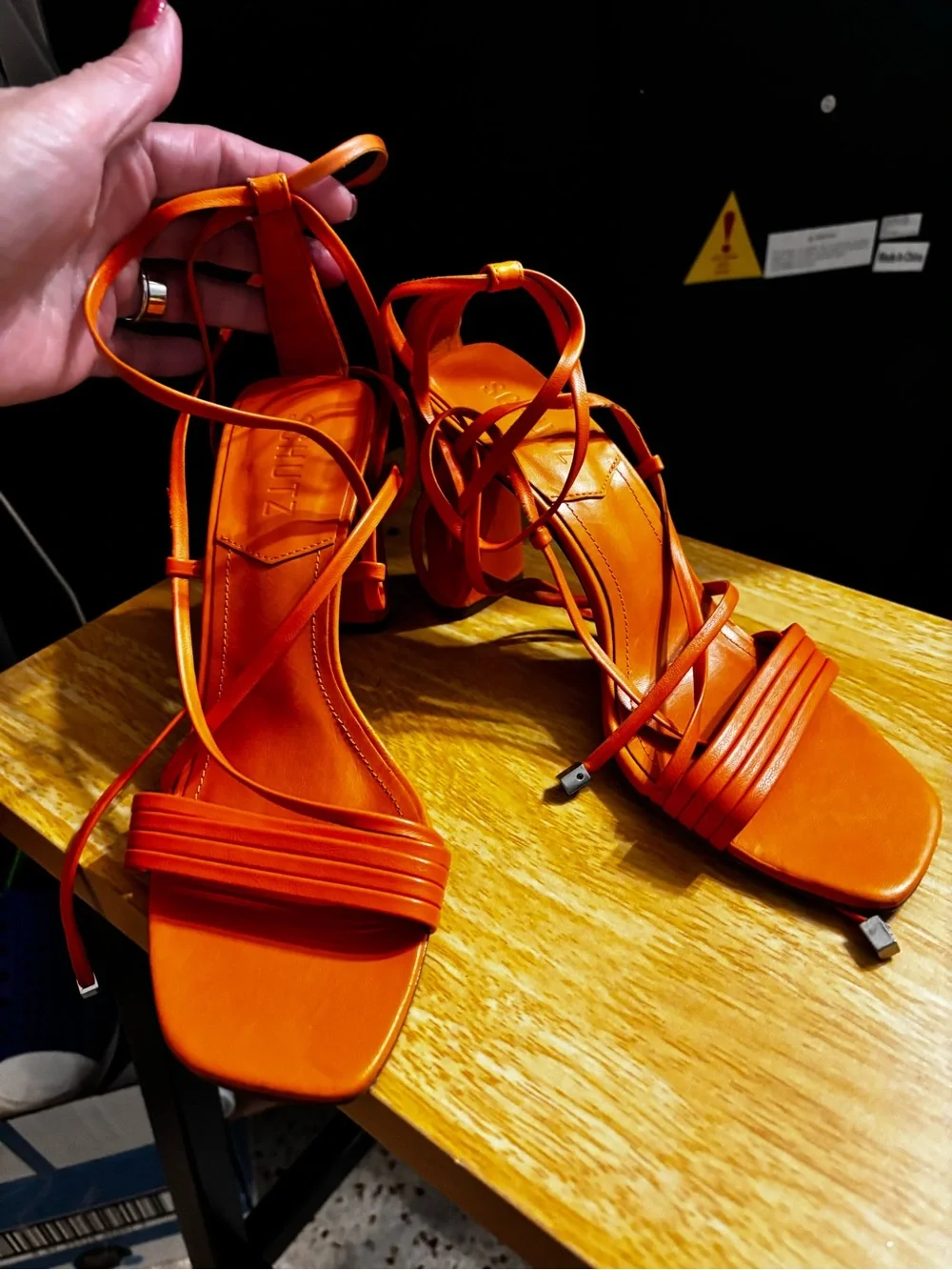 Schutz Glenna Ankle Tie Sandals in a vibrant bright tangerine 7.5